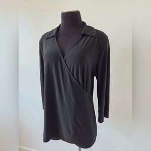 INC Black Faux Wrap Top Collared Office Career Surplice Minimalist Academia XL
